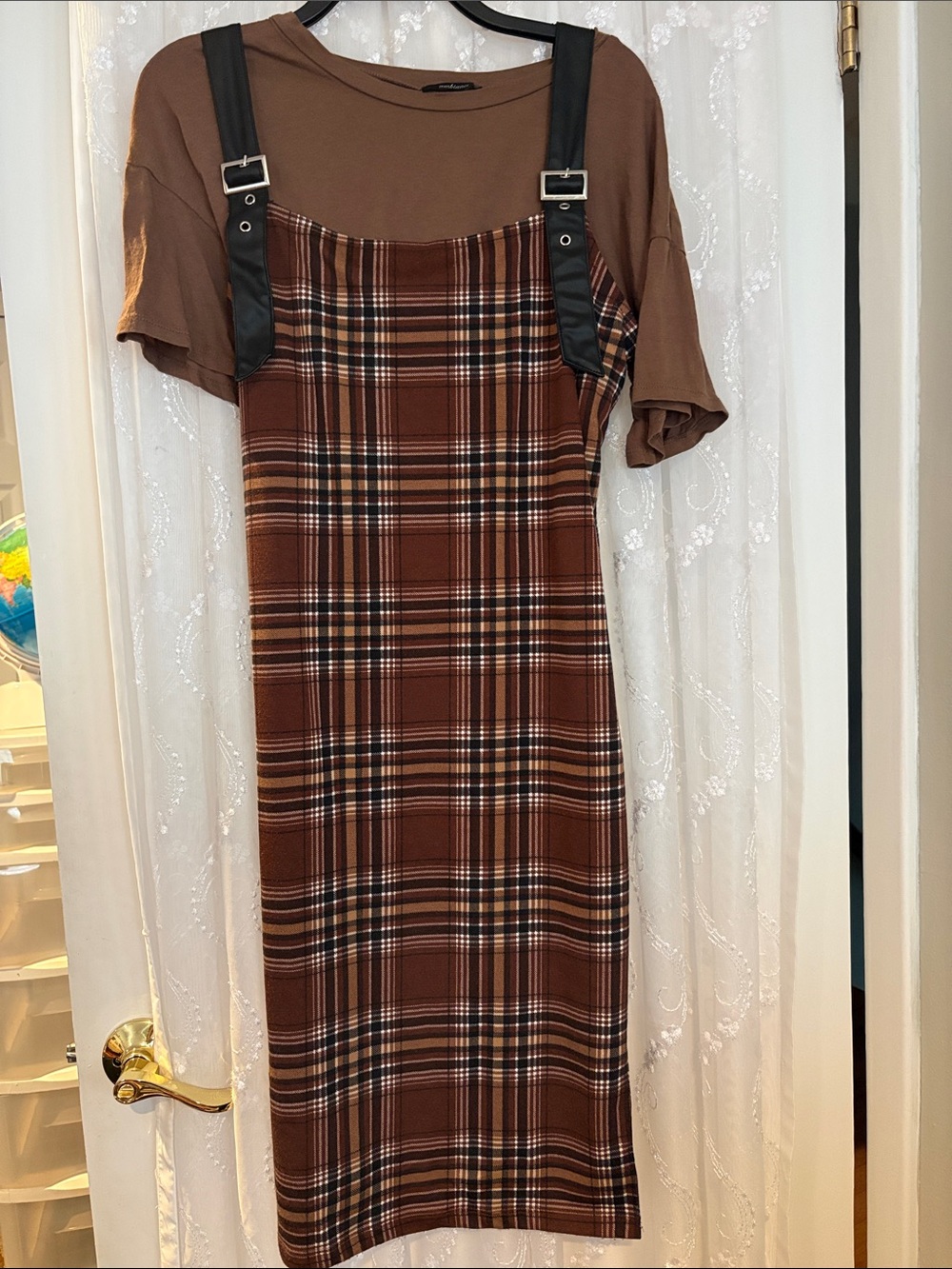 Mossimo Supply Co. Brown Plaid Suspender Midi Dress